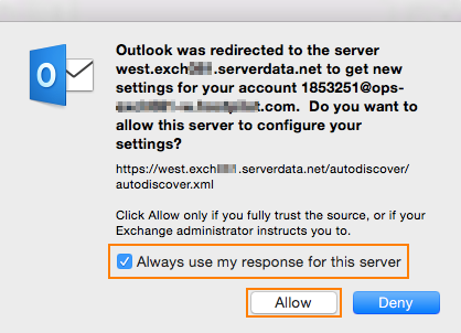 Outlook 2016 for Mac autodiscover alert