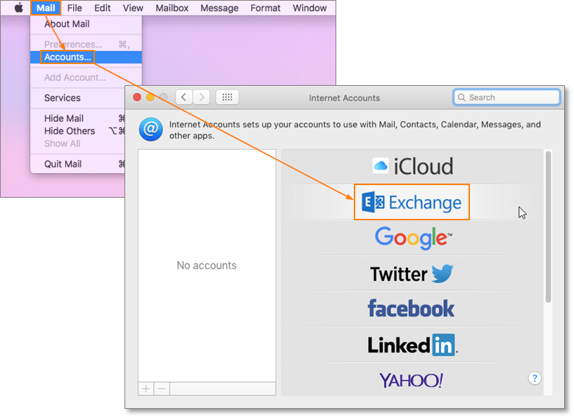 Apple mail setup screen for Exchange accounts
