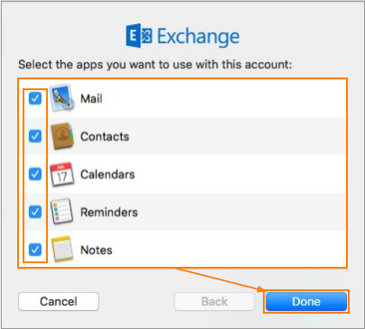 Exchange account apps selection for Mac Mail