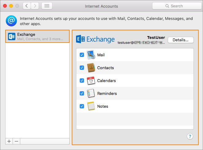 MacOS Internet Accounts with Exchange configured